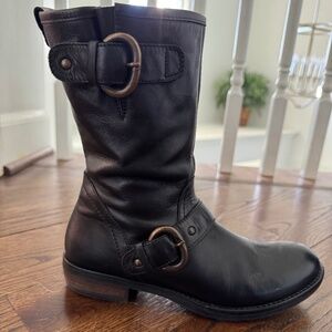 Black leather mid calf boots